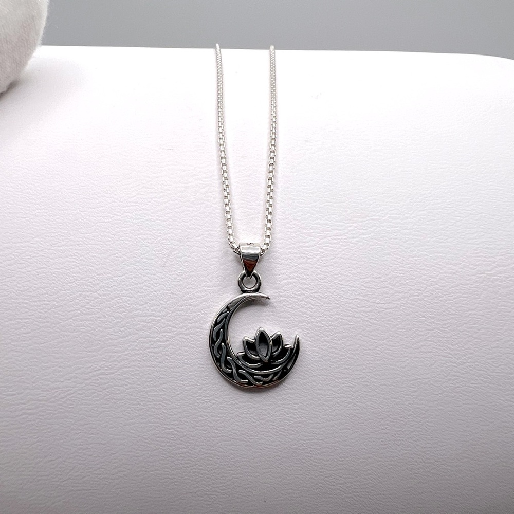 .925 Sterling Silver Moon and Lotus Flower Necklace - Picture 5 of 16